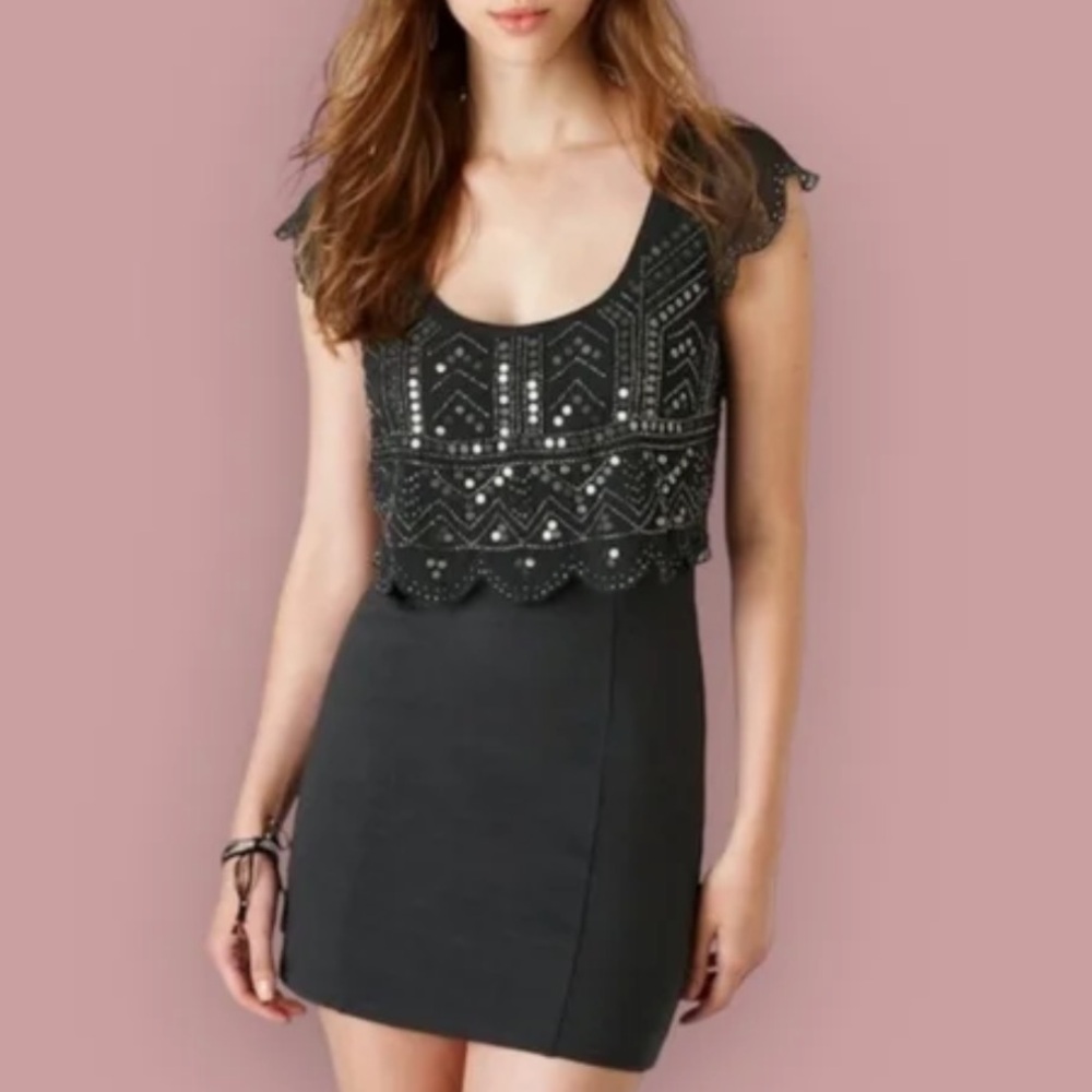Charcoal Grey Lace Dress with Beaded Detailing